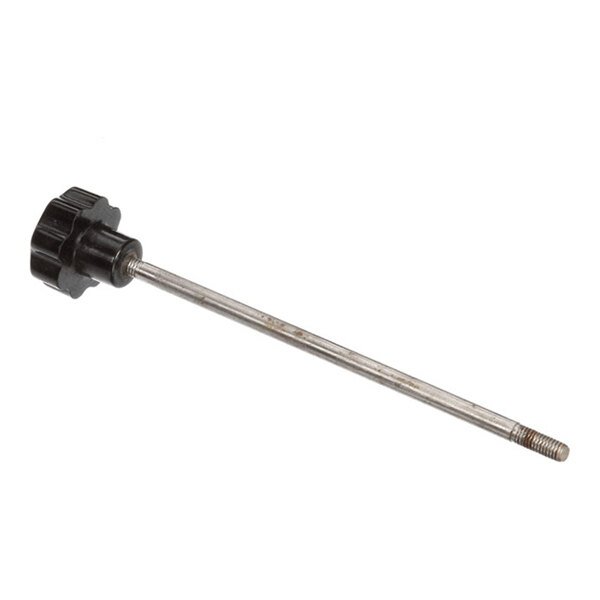 A metal tie rod with a threaded end and a black plastic knob, used for securing a blade cover.
