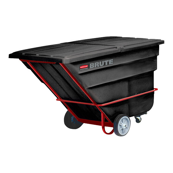 A black Rubbermaid tilt truck for trash.