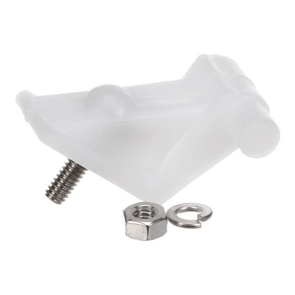 A white plastic cam shaft bracket with a metal screw, nut, and washer.