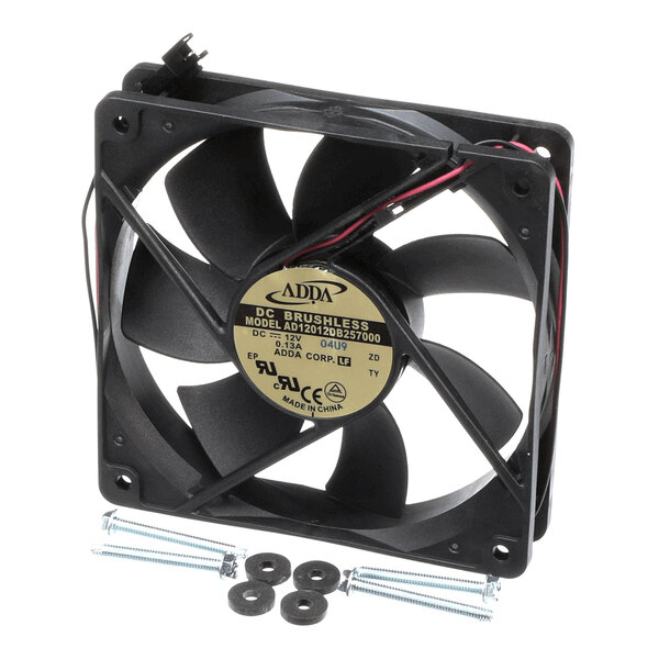 A black JoeTap JT-12606 condenser fan with mounting screws and washers.