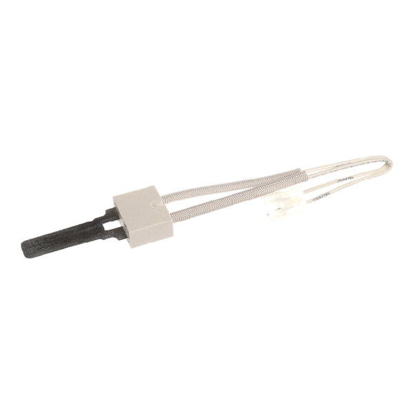 An electronic ignitor with a ceramic base and attached wires, used for heating systems.