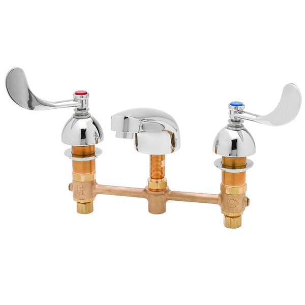 A white T&S faucet with 2 wrist action handles.