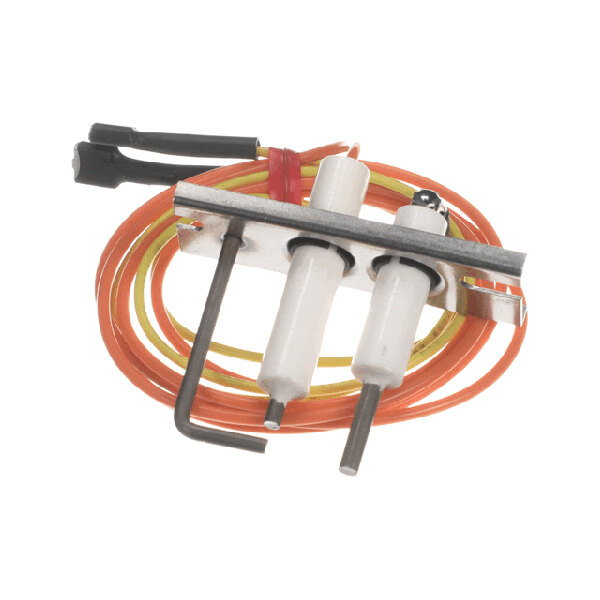 An ignitor and flame sensor assembly with attached wires for HVAC systems.