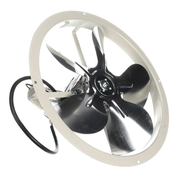 A metal industrial fan motor assembly with a circular mounting frame and attached power cord.