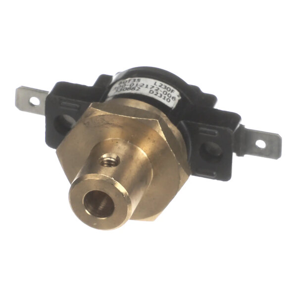 A brass and black thermal cut-off switch with two metal terminals, used for temperature control in appliances.