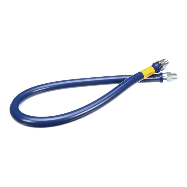 A flexible blue gas connector hose with metal fittings on both ends.