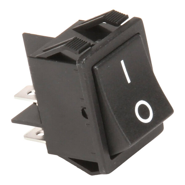 A black rectangular rocker switch with on and off positions, featuring metal prongs for electrical connections.