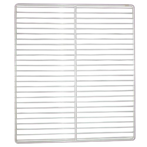A white metal grid shelf with lines.