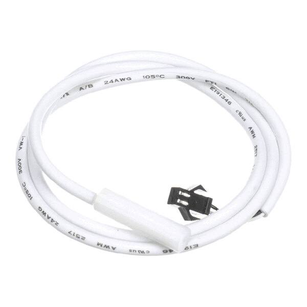 A white thermistor cable with a cylindrical sensor on one end and a black connector on the other end.