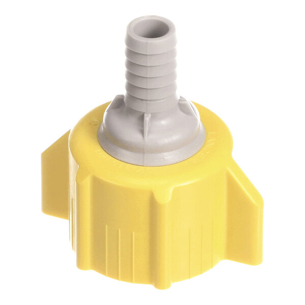A yellow and gray plastic bib connector with a ribbed hose barb fitting.