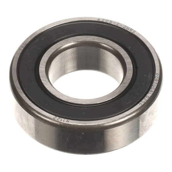 A metal ball bearing with a black seal, labeled as Grindmaster-Cecilware 04.MP0011.001 Bearing 6205 2 Rs.