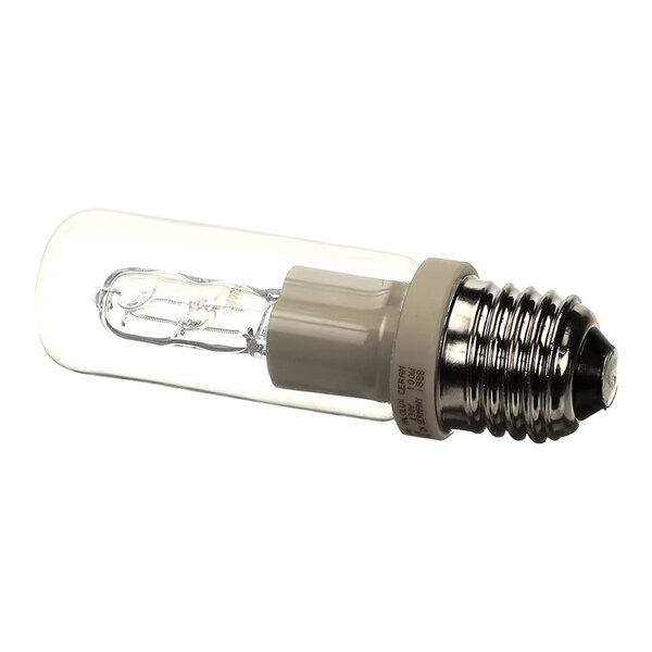 A clear tubular halogen lamp with a metal screw base.