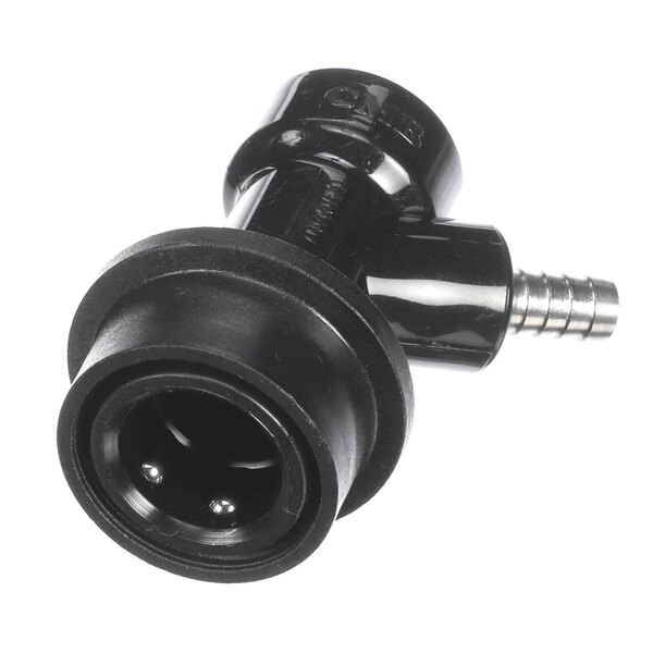 A black ball lock disconnect with a 1/4 inch barb for liquid transfer.