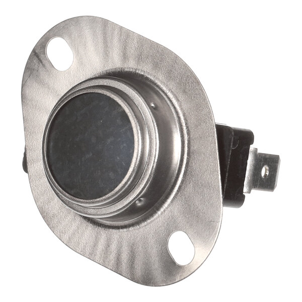 A metal limit switch with two mounting holes and an electrical connector, used in HVAC systems.