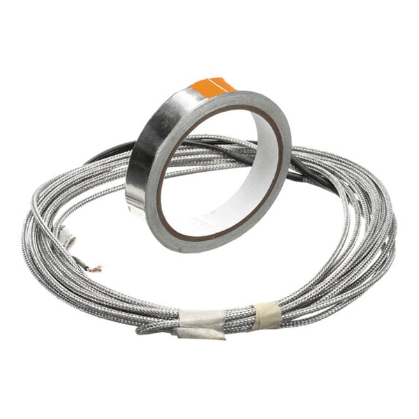 A roll of metallic tape and a coiled heater wire, part of a heater wire service/install kit.