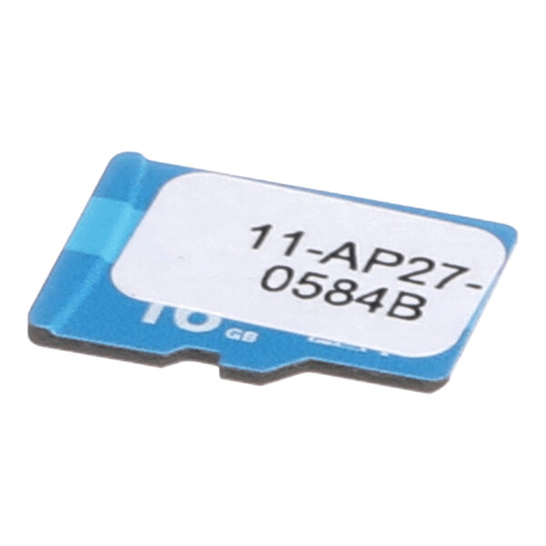 A blue microSD card labeled with '11-AP27-0584B' and a capacity of 16 GB.