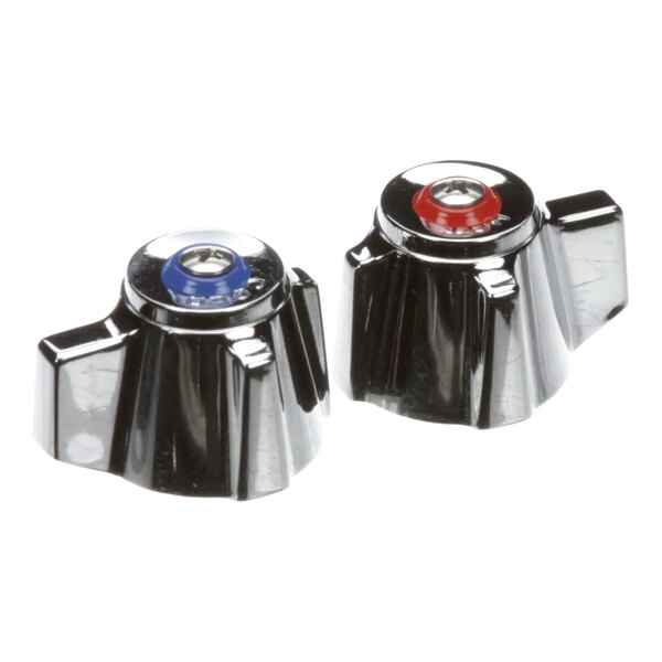 A pair of black faucet knobs with blue and red indicators, designed to fit all Omni faucets.