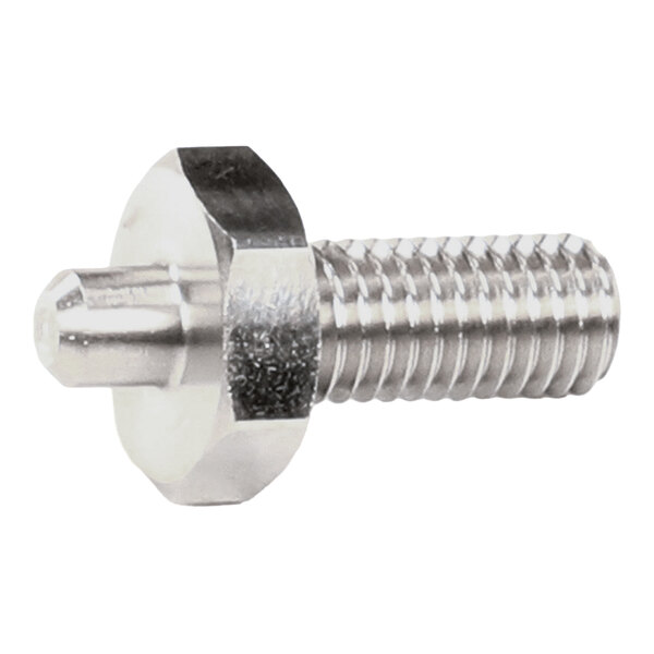 A metal threaded pin with a hexagonal head and a protruding tip.