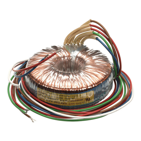 A toroidal electrical transformer with multiple colored wires attached.