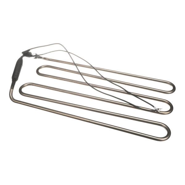 A metal defrost heater element with attached wires, designed for refrigeration units.