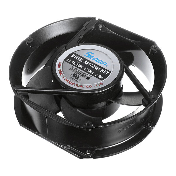 A black condenser fan with a circular frame and central label, typically used in appliances like air conditioners or refrigerators.