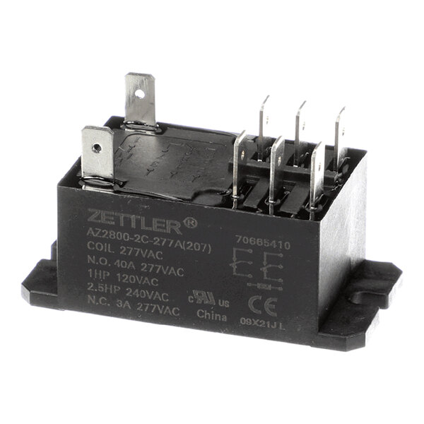 A black electrical relay with multiple metal terminals and labeled specifications on the side.