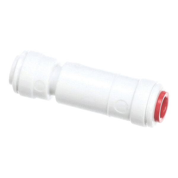 A white JoeTap JT-14SCVR single check valve with 1/4 inch by 1/4 inch connections.