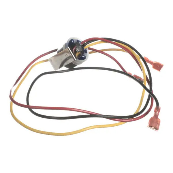 A Helmer 800085-1 defrost termination switch with attached red, yellow, and black wires.