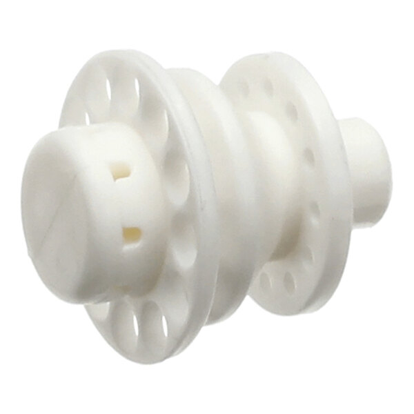 A white plastic diffuser body assembly component with circular flanges and vent holes.