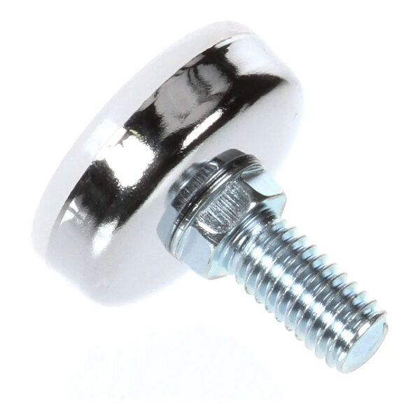 A metal adjustable leg with a threaded bolt and a round base.