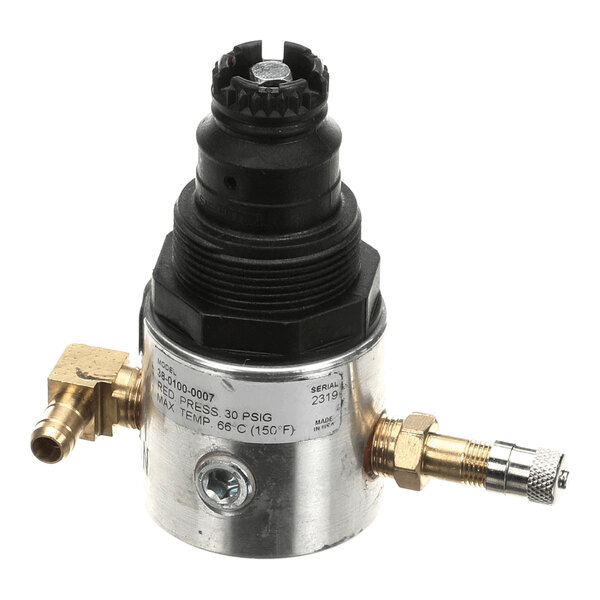 A pressure regulator assembly with brass fittings and a preset relief valve, labeled for 30 PSI maximum pressure.