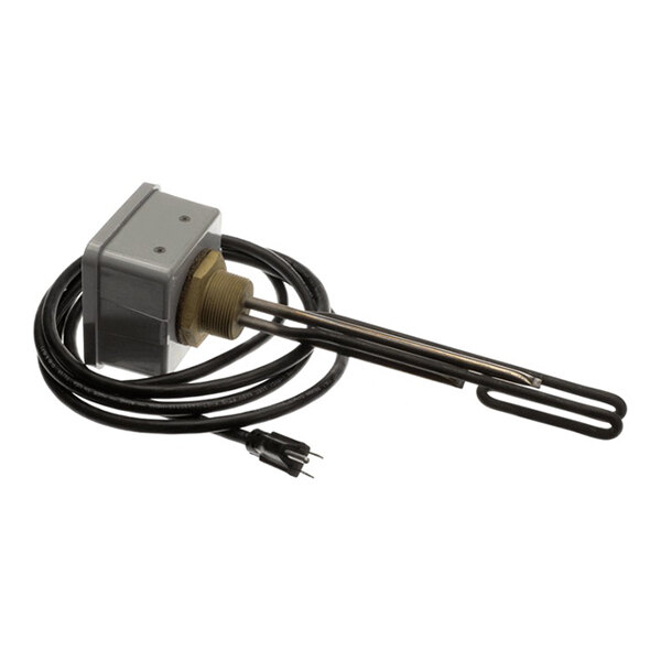 An immersion heater with a metal heating element, attached control box, and power cord with plug.