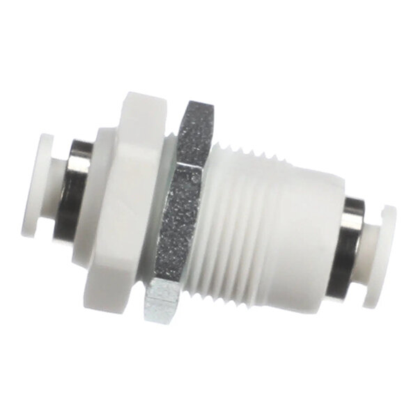 A white plastic and metal bulkhead fitting with threaded body and push-to-connect ends.