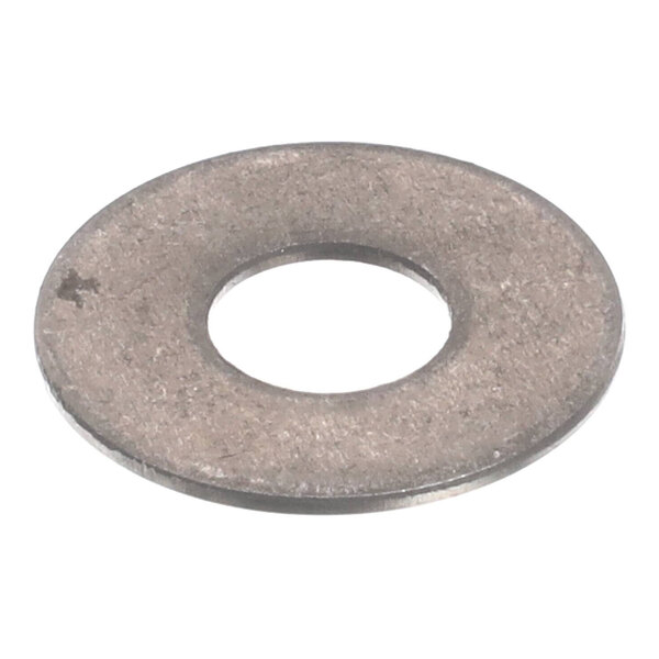 A flat metal washer with a central hole, typically used for distributing the load of a threaded fastener.