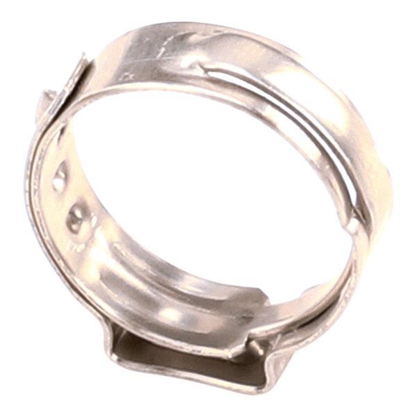 A stainless steel Oetiker clamp used for securing hoses or tubing.