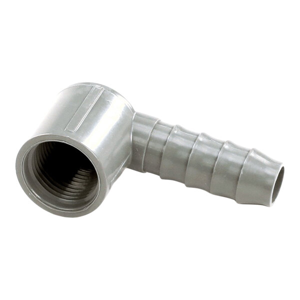 A gray PVC elbow fitting with a 1/2 inch BSP threaded end and a 1/2 inch barbed end.