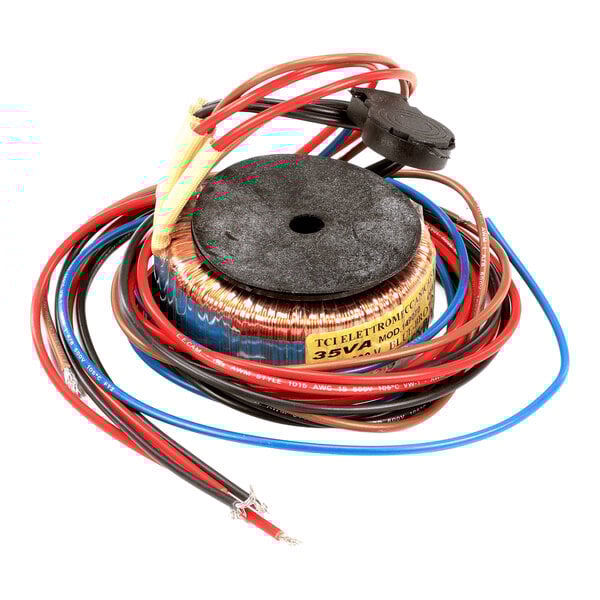 A toroidal control transformer with multiple colored wires and a label indicating 35VA, 230V to 12+12V output.