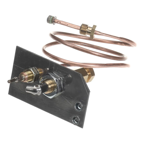 A metal pilot assembly with attached copper tubing, used for gas appliances.