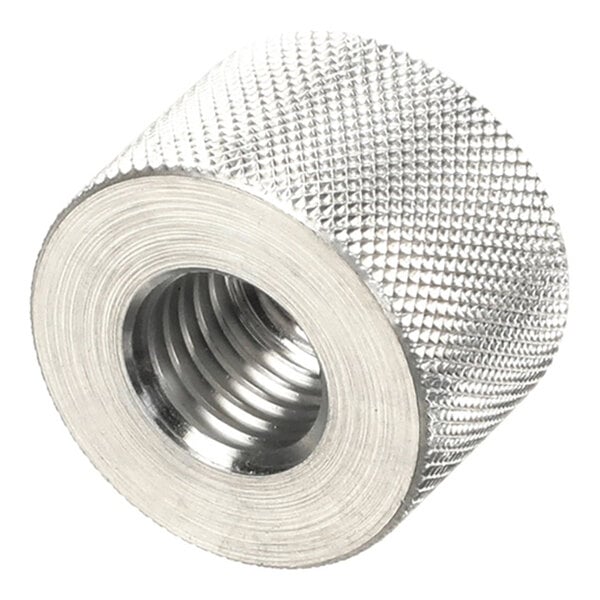 A cylindrical metal nut with a knurled outer surface and internal threading.
