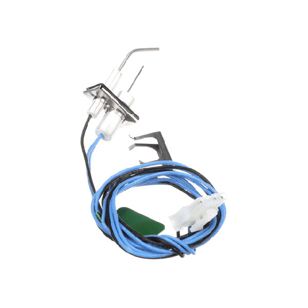 An ignition flame rod assembly with attached wires and connectors.