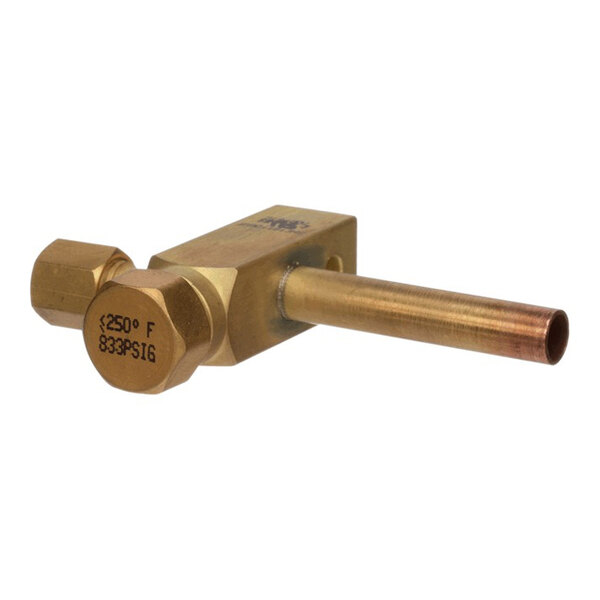 A brass 3/8 shut-off valve assembly with a cylindrical extension and hexagonal fittings.