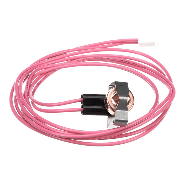A temperature switch with pink wires and a metal mounting clip.