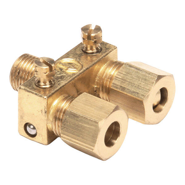 A brass double pilot valve with two large hexagonal fittings and two screw terminals, designed for use with gas appliances.