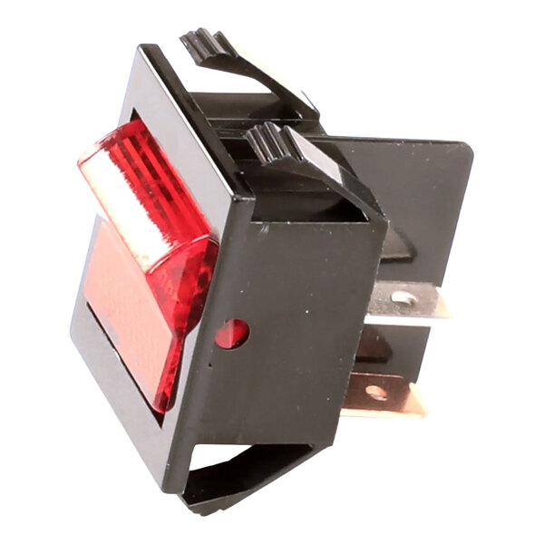 A rectangular black rocker switch with a red translucent actuator and metal prongs for electrical connections.