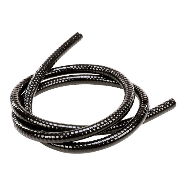 A coiled black flexible drain hose with a ribbed surface.