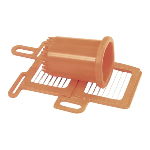 A brown plastic grid set and pusher attachment for a Dynacube food dicer.