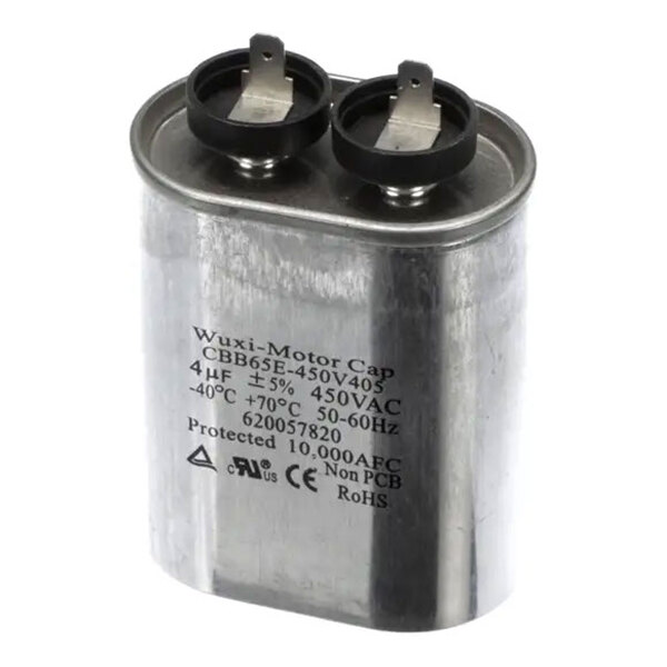 A metal motor run capacitor with two terminals, labeled for 450VAC and 4µF, used in electrical equipment.