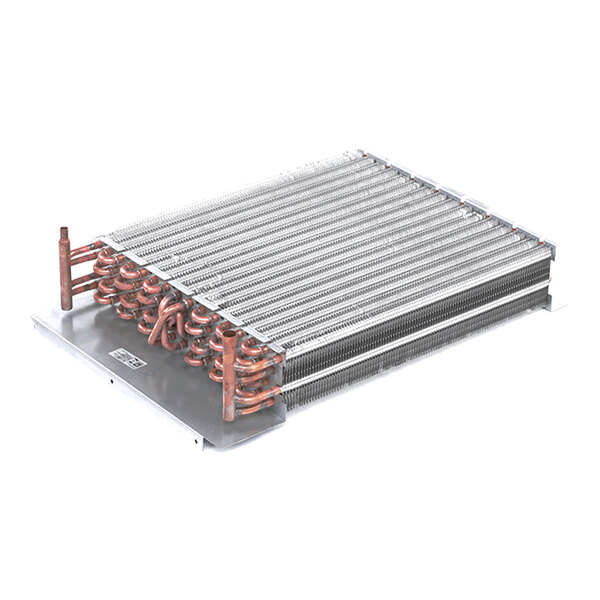 An evaporator coil with four rows and copper tubing, measuring 16 by 18 inches, designed for refrigeration systems.