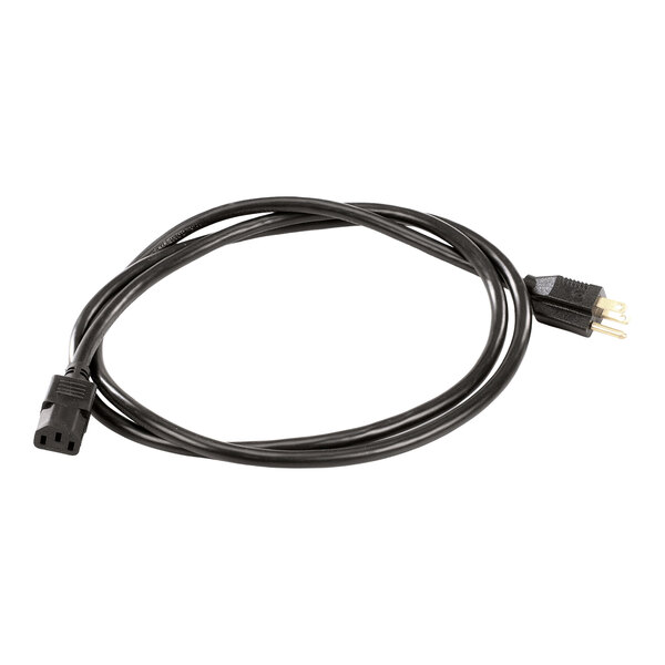 A black power supply cord with a three-prong plug on one end and a rectangular connector on the other end.