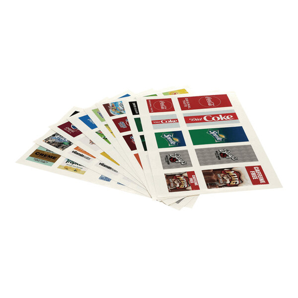 A set of printed label sheets featuring various beverage brand logos and names.